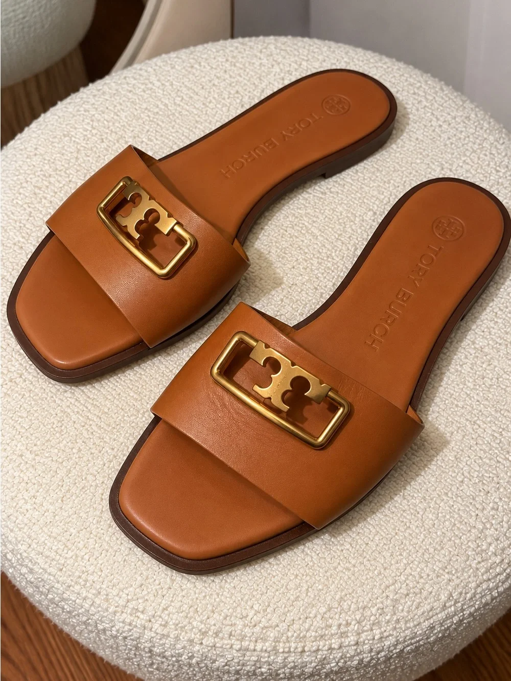 Tory Burch Cognac Leather Slide Sandals with Gold Logo Plaque